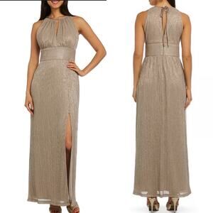 R&M Richards Silver Metallic Halter Neck Gown with Side Slit